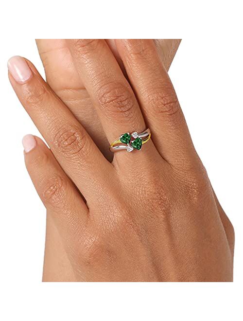 Gem Stone King 1.02 Ct Green Nano Emerald 925 Silver and 10K Yellow Gold Lab Grown Diamond Ring with 4 Hearts