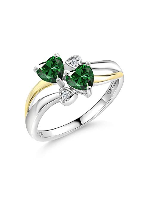 Gem Stone King 1.02 Ct Green Nano Emerald 925 Silver and 10K Yellow Gold Lab Grown Diamond Ring with 4 Hearts