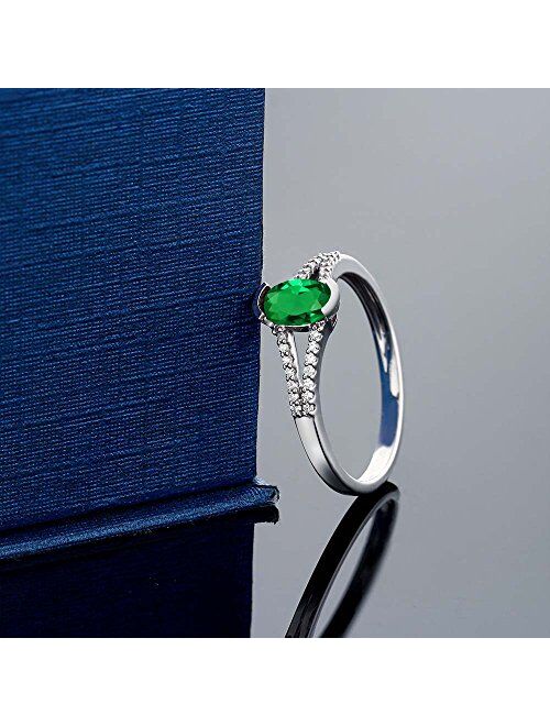 Gem Stone King 10K White Gold Women's Oval Simulated Emerald Diamond Ring (Available 5,6,7,8,9)