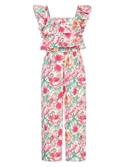 Girls Floral Jumpsuit Flutter Sleeve Square Neck Wide Leg Rompers