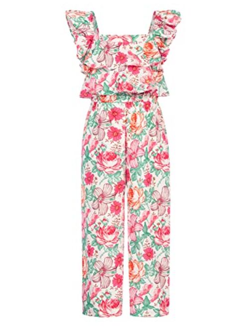 GRACE KARIN Girls Floral Jumpsuit Flutter Sleeve Square Neck Wide Leg Rompers