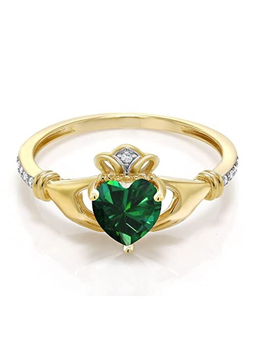 Gem Stone King 10K Yellow Gold Green Simulated Emerald and Diamond Accent Irish Celtic Claddagh Ring For Women (0.74 Cttw, Available in size 5, 6, 7, 8, 9)