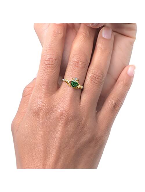 Gem Stone King 10K Yellow Gold Green Simulated Emerald and Diamond Accent Irish Celtic Claddagh Ring For Women (0.74 Cttw, Available in size 5, 6, 7, 8, 9)