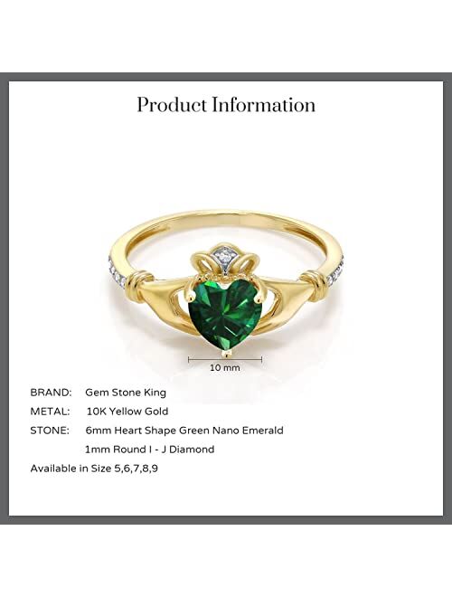 Gem Stone King 10K Yellow Gold Green Simulated Emerald and Diamond Accent Irish Celtic Claddagh Ring For Women (0.74 Cttw, Available in size 5, 6, 7, 8, 9)