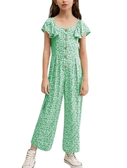 KIMMTA Girls Summer Floral Printed Rompers Ruffle Short Sleeve Wide Leg Jumpsuits with Button