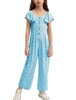 KIMMTA Girls Summer Floral Printed Rompers Ruffle Short Sleeve Wide Leg Jumpsuits with Button