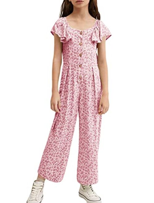 KIMMTA Girls Summer Floral Printed Rompers Ruffle Short Sleeve Wide Leg Jumpsuits with Button