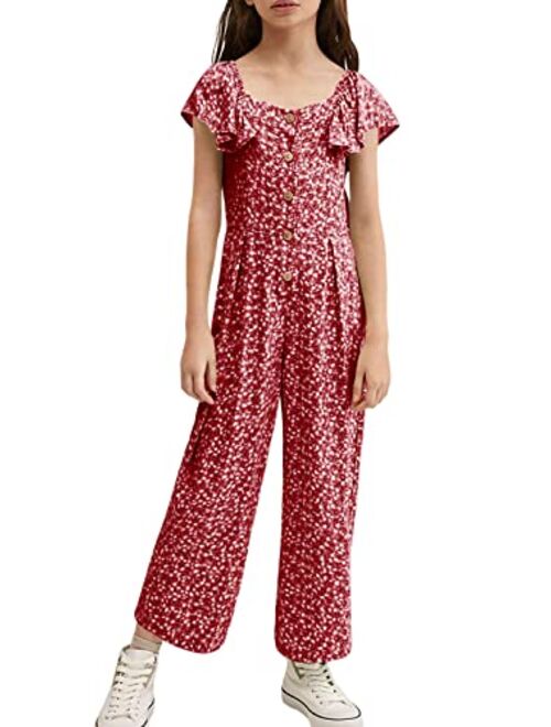 KIMMTA Girls Summer Floral Printed Rompers Ruffle Short Sleeve Wide Leg Jumpsuits with Button