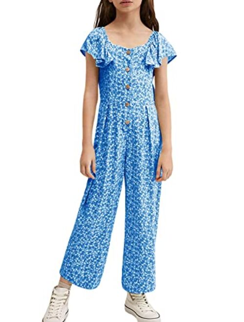 KIMMTA Girls Summer Floral Printed Rompers Ruffle Short Sleeve Wide Leg Jumpsuits with Button