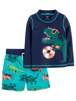 Toddler Boys Long Sleeved Rash Guard Swimsuit With Drawstring Shorts, 2 Piece Set