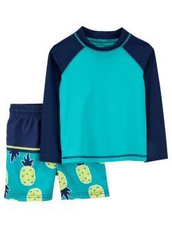 Toddler Boys Long Sleeved Rash Guard Swimsuit With Drawstring Shorts, 2 Piece Set