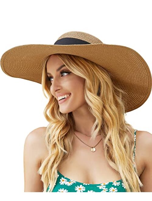 Pleneal Beach Hats for Women, Wide Brim Sun Straw Hat for Women UPF 50+ UV Sun Protection Sun Hat Foldable Roll up Cap