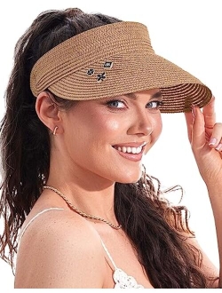 Golden Star Beauty Straw Visor Hats for Women - Foldable Womens Beach Sun Hat Wide Brim Roll Up Visors Summer Ponytail Packable Travel Sunhat