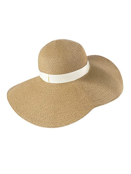 Fz Fantastic Zone Womens Sun Straw Hat Floppy Foldable Roll up Cap Wide Brim Summer Beach Hats for Women UV UPF 50