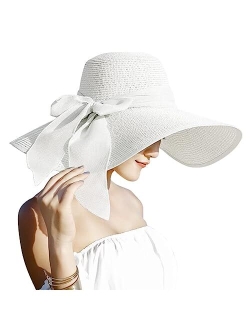 Lanzom Womens 5.5 Inches Big Bowknot Straw Hat Large Floppy Foldable Roll up Beach Cap Sun Hat UPF 50+