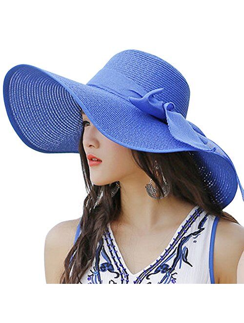 Lanzom Womens 5.5 Inches Big Bowknot Straw Hat Large Floppy Foldable Roll up Beach Cap Sun Hat UPF 50+