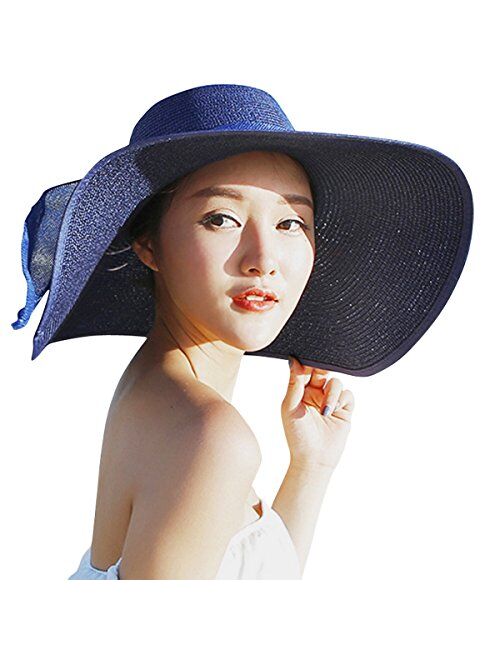 Lanzom Womens 5.5 Inches Big Bowknot Straw Hat Large Floppy Foldable Roll up Beach Cap Sun Hat UPF 50+