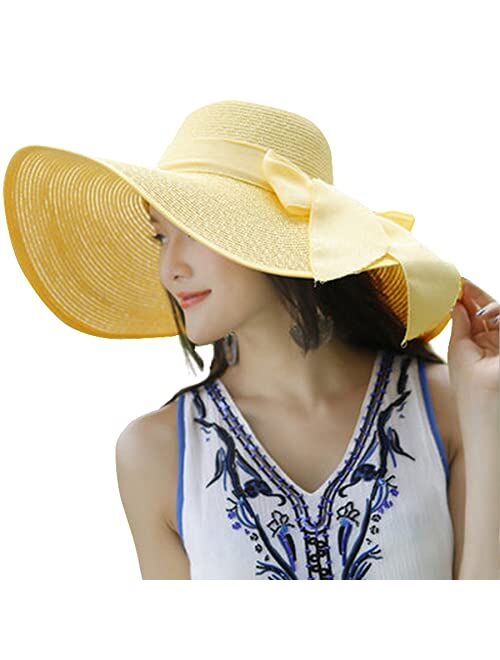 Lanzom Womens 5.5 Inches Big Bowknot Straw Hat Large Floppy Foldable Roll up Beach Cap Sun Hat UPF 50+