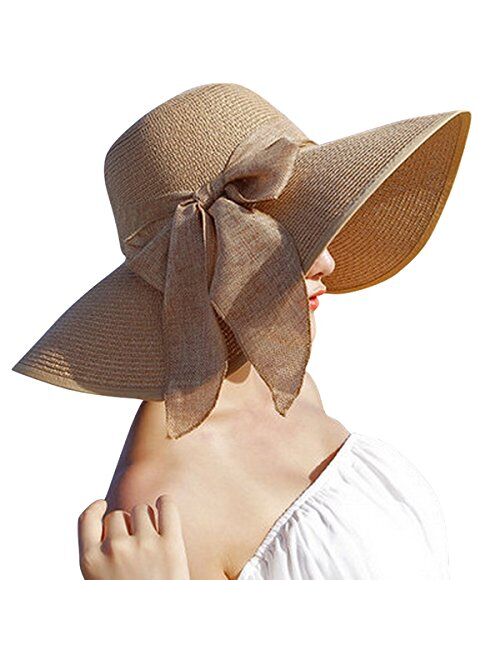 Lanzom Womens 5.5 Inches Big Bowknot Straw Hat Large Floppy Foldable Roll up Beach Cap Sun Hat UPF 50+