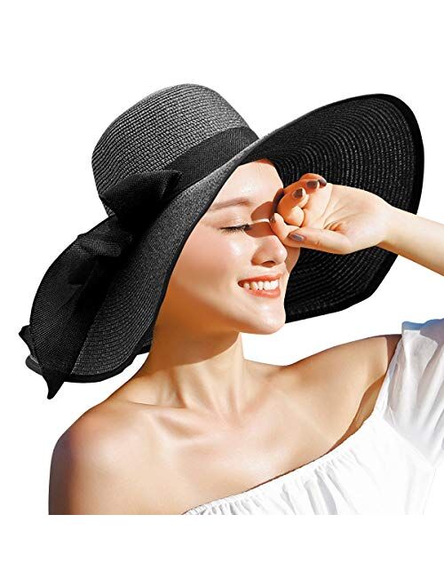 Lanzom Womens 5.5 Inches Big Bowknot Straw Hat Large Floppy Foldable Roll up Beach Cap Sun Hat UPF 50+