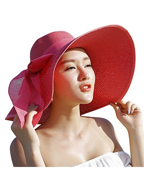 Lanzom Womens 5.5 Inches Big Bowknot Straw Hat Large Floppy Foldable Roll up Beach Cap Sun Hat UPF 50+