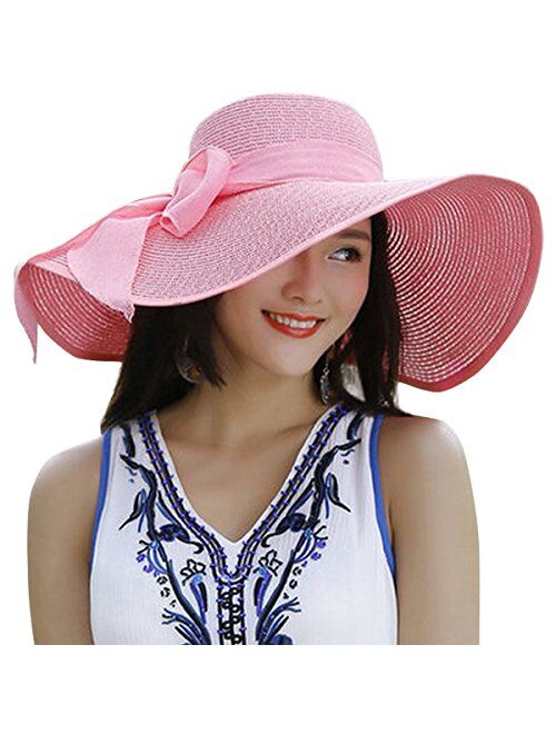 Lanzom Womens 5.5 Inches Big Bowknot Straw Hat Large Floppy Foldable Roll up Beach Cap Sun Hat UPF 50+