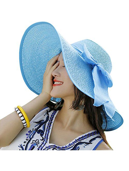 Lanzom Womens 5.5 Inches Big Bowknot Straw Hat Large Floppy Foldable Roll up Beach Cap Sun Hat UPF 50+