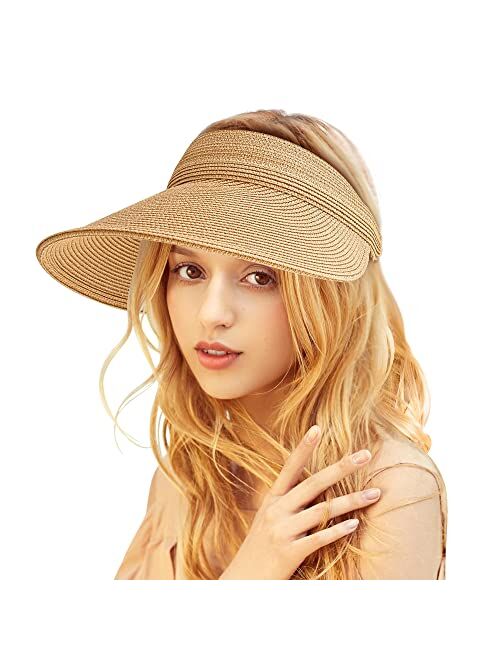 Roniky Women Straw Sun Visor Hat Wide Brim Summer UV Protection Ponytail Visor Beach Cap Foldable Packable UPF 50+