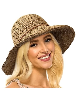 Lvaiz Women's Foldable Straw Sun Hat Wide Brim UPF 50+ Crochet Summer Floppy Beach Hat