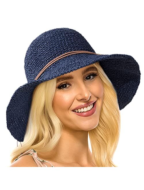 Lvaiz Women's Foldable Straw Sun Hat Wide Brim UPF 50+ Crochet Summer Floppy Beach Hat