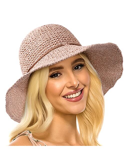 Lvaiz Women's Foldable Straw Sun Hat Wide Brim UPF 50+ Crochet Summer Floppy Beach Hat