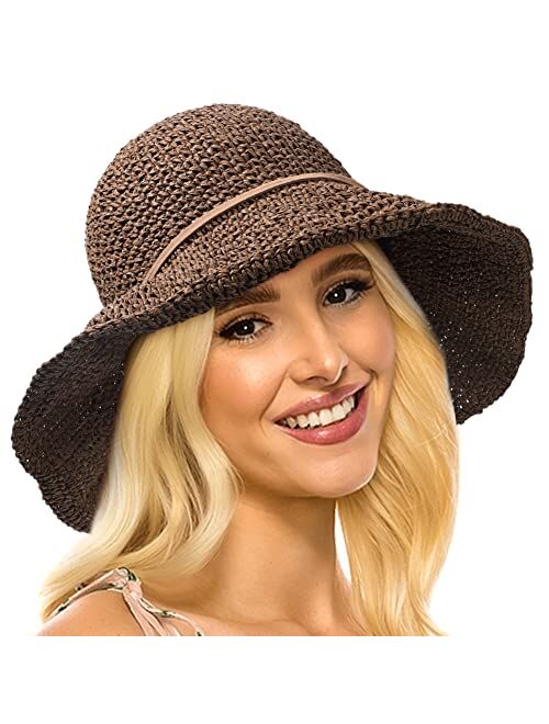 Lvaiz Women's Foldable Straw Sun Hat Wide Brim UPF 50+ Crochet Summer Floppy Beach Hat