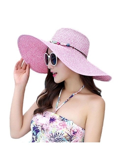 Adrinfly Women Foldable Floppy Wide Brim Straw Sun Hat Travel Packable Adjustable Summer Beach Accessories Hat UV UPF 50+