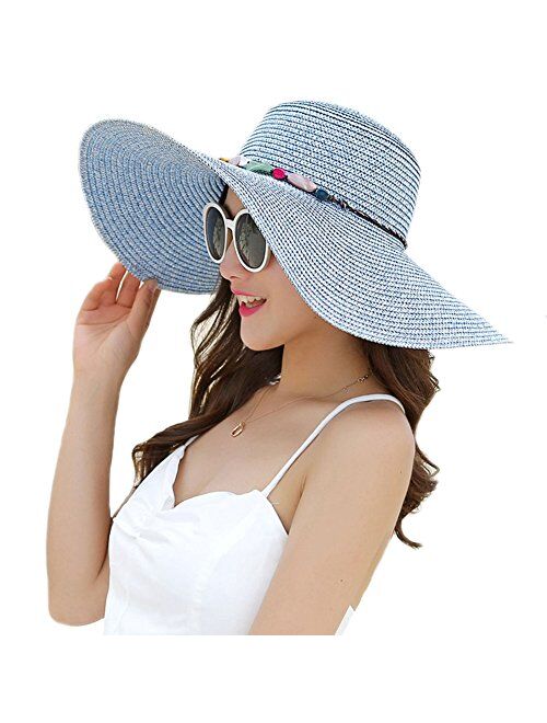 Adrinfly Women Foldable Floppy Wide Brim Straw Sun Hat Travel Packable Adjustable Summer Beach Accessories Hat UV UPF 50+