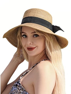 Tavaleu Sun Hat Womens - Beach Hats for Women, Womens Straw Sun Hat with Wind Lanyard Roll Up Beach Hat UV Protection Hat Foldable