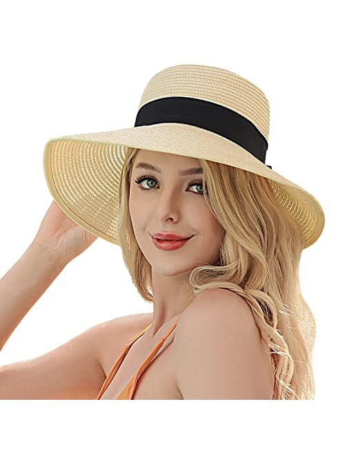 Tavaleu Sun Hat Womens - Beach Hats for Women, Womens Straw Sun Hat with Wind Lanyard Roll Up Beach Hat UV Protection Hat Foldable