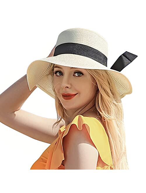 Tavaleu Sun Hat Womens - Beach Hats for Women, Womens Straw Sun Hat with Wind Lanyard Roll Up Beach Hat UV Protection Hat Foldable