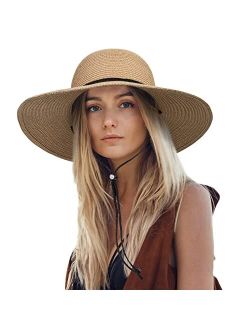 Senker Fashion Womens Sun Hat Wide Brim Foldable Beach Hats for Women UV Protection Summer Straw Hat with Wind Lanyard