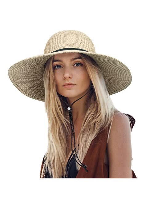 Senker Fashion Womens Sun Hat Wide Brim Foldable Beach Hats for Women UV Protection Summer Straw Hat with Wind Lanyard