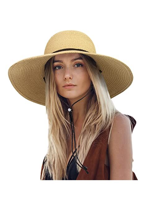 Senker Fashion Womens Sun Hat Wide Brim Foldable Beach Hats for Women UV Protection Summer Straw Hat with Wind Lanyard