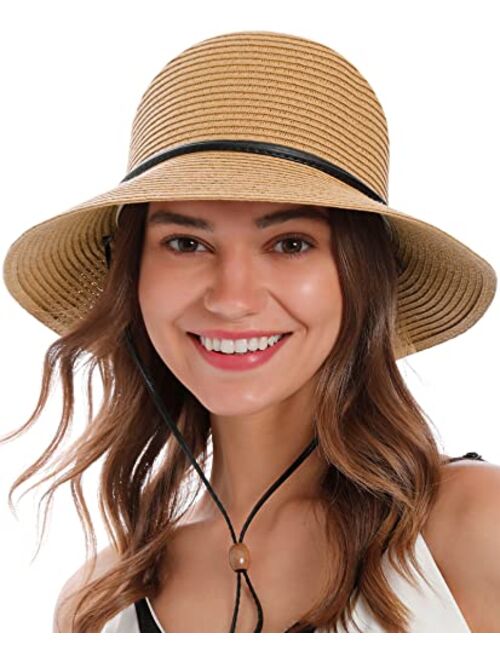 Simplicity Women's Wide Brim Straw Sun Hat with Lanyard UPF Summer Sun Hats for Women