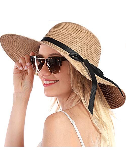 Double Couple Womens Straw Hat Wide Brim Floppy Beach Sun Hat for Women UPF 50+ Adjustable Strap Vacation