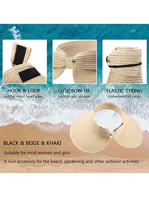 Satinior 3 Pieces Women Foldable Straw Sun Visor Wide Brim Roll up Beach Hat with Bowtie Multicoloured