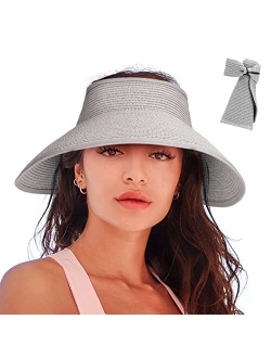 Rosoz Women's Sun Visor Hats Wide Brim Straw Beach Hat Ponytail Hats for Women Foldable Floppy