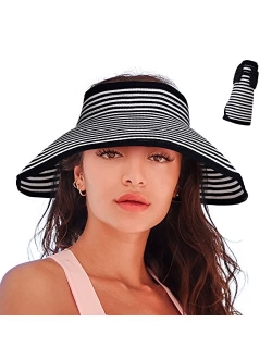 Rosoz Women's Sun Visor Hats Wide Brim Straw Beach Hat Ponytail Hats for Women Foldable Floppy