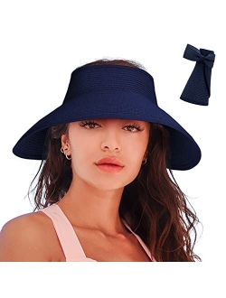 Rosoz Women's Sun Visor Hats Wide Brim Straw Beach Hat Ponytail Hats for Women Foldable Floppy