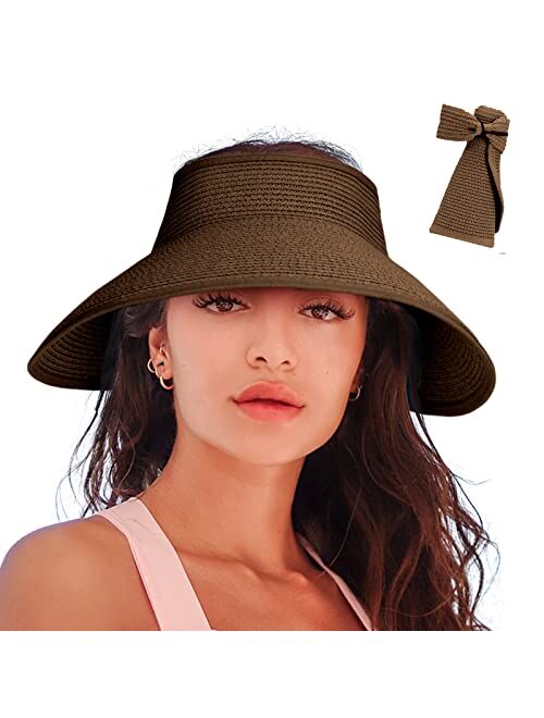 Rosoz Women's Sun Visor Hats Wide Brim Straw Beach Hat Ponytail Hats for Women Foldable Floppy