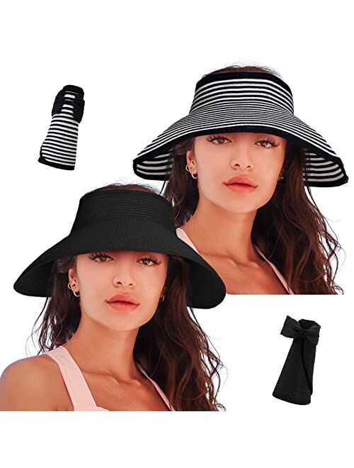 Rosoz Women's Sun Visor Hats Wide Brim Straw Beach Hat Ponytail Hats for Women Foldable Floppy