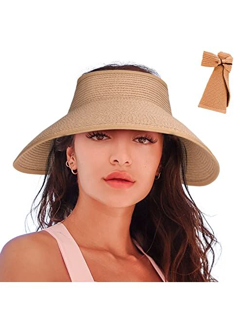 Rosoz Women's Sun Visor Hats Wide Brim Straw Beach Hat Ponytail Hats for Women Foldable Floppy