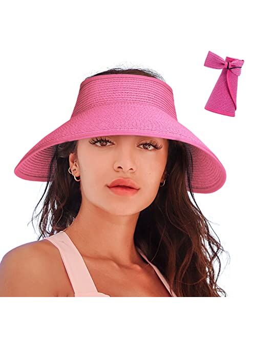 Rosoz Women's Sun Visor Hats Wide Brim Straw Beach Hat Ponytail Hats for Women Foldable Floppy